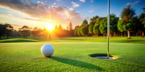 Fototapeta premium Close-up shot of golf flag stick with ball on green course
