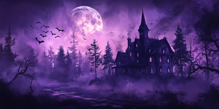 Spooky Halloween night scene with a full moon casting eerie light over a haunted house, silhouetted trees, and flying bats.Mysterious tone.
