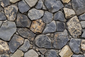 Obraz premium Textured stone wall made of various sizes and shapes of gray and brown stones, showcasing natural patterns and colors.