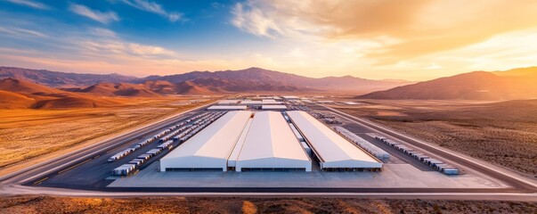 Aerial shot of a sprawling warehouse in a desert landscape, isolated logistics hub