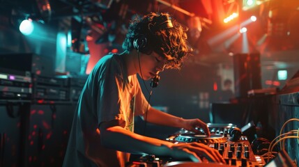 dj playing in a disco with neon lights