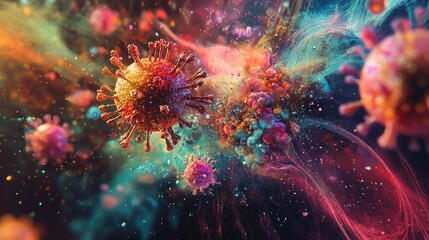 A conceptual image of virus particles being neutralized by an immune response, with vibrant colors and visual effects illustrating the battle between pathogens and immunity.