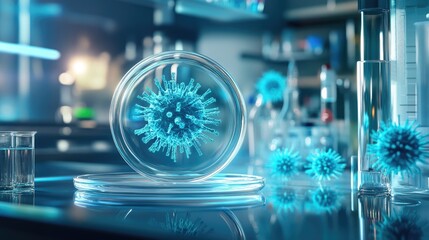 A conceptual image of virus particles in a petri dish, with scientific equipment in the background, highlighting the laboratory setting for pathogen research.