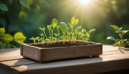 Young Green Seedlings Growing in a Wooden Planter Box