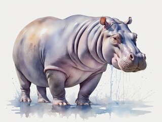 Obraz premium Watercolor Hippopotamus: A full-body watercolor painting of a hippopotamus