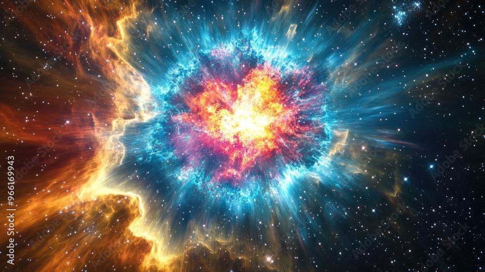 Wall mural Supernova explosion sends shockwaves through a colorful nebula, with stars glittering in the background of deep space.