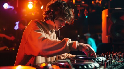 Naklejka premium dj playing in a disco with neon lights