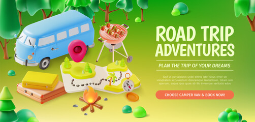 3d Road Trip Adventure Travel and Tourism Concept Ads Banner Poster Card. Vector illustration of Camper Van
