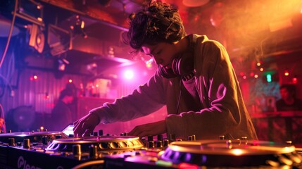 dj playing in a disco with neon lights