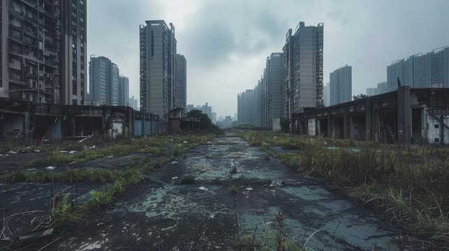 postapocalyptic cityscape with crumbling skyscrapers and overgrown ruins destroyed roads and toppled buildings create haunting urban wasteland shrouded in atmospheric haze and muted colors