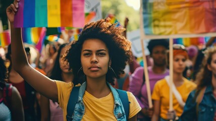powerful scene of diverse protesters united in passion holding colorful signs and banners while marching through city streets for social justice and equality