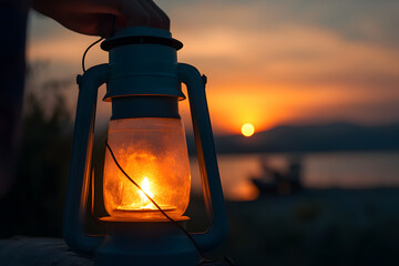 a solar-powered lantern being turned on at dusk, with the soft light illuminating the surroundings