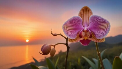 Pink Orchid Flower with Sunset over Ocean Background