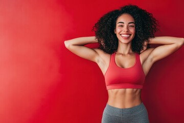 Smiling woman in red sports bra against red backdrop. - Powered by Adobe