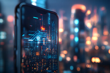 a smartphone displaying a 5G signal, with the futuristic cityscape blurred in the background