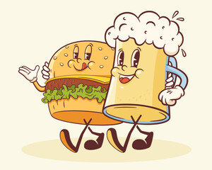Groovy Burger and Beer Retro Character Illustration. Cartoon Hamburger and Glass Mug Walking Smiling Vector Food Mascot Template Happy Vintage Cool Fast Food Rubber Hose Style Drawing Isolated