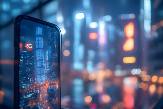 a smartphone displaying a 5G signal, with the futuristic cityscape blurred in the background