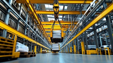 Industrial cranes moving heavy materials in a warehouse, capturing the scale of heavy-duty logistics