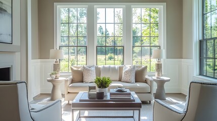 Fototapeta premium Light-Filled Living Room with White Sofa and Large Windows