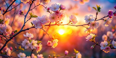 Cherry Blossom Sunset, Golden Hour, Spring Bloom, Nature, Flower, Branch, Photography