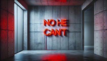 Naklejka premium vibrant red neon sign 'NO HE CAN'T' in bold letters mounted on a cold gray concrete wall - Election – President – US – USA – Rejection – Feminism – Women's Rights – resistance – Political Statement 