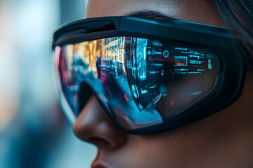 a person wearing augmented reality glasses, with the reflection of the virtual interface visible in the lenses