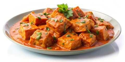 Close-up of a bowl of Paneer Butter Masala, a popular Indian dish made with paneer cheese, butter, and a creamy tomato-based sauce, garnished with fresh cilantro. ,indian food, paneer