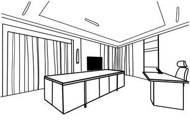 Interior sketch of work place furniture with chair, table, shelf, window. Office room design