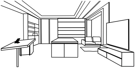 Interior sketch of work place furniture with chair, table, shelf, window. Office room design