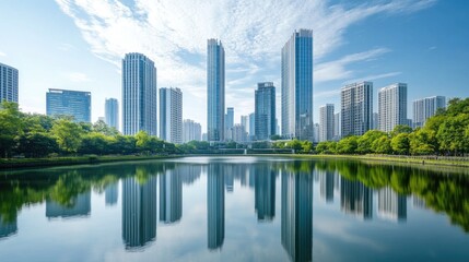 A daytime view of tall office buildings and luxury apartments along the riverbank, with the river reflecting the modern architecture and surrounding greenery.