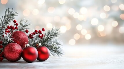 Obraz premium A beautiful holiday background featuring a snowy pine branch with red ornaments and red berries, set against a bokeh of twinkling lights. Perfect for holiday greetings, winter celebrations, and festiv