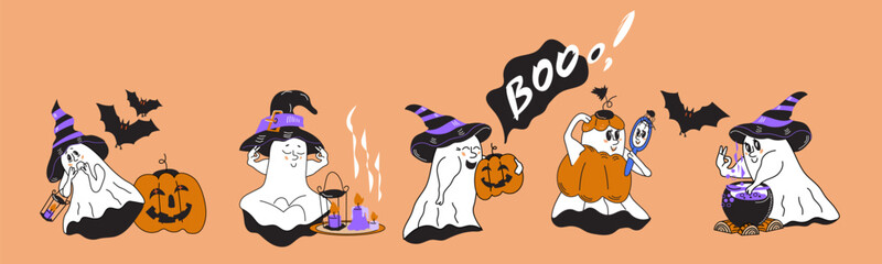 Set of Halloween ghosts funny characters, design elements for Halloween, cartoon vector illustration isolated illustration.