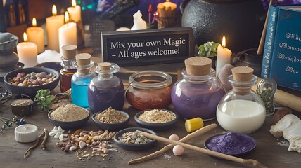 Magical potion bottles, purple and blue, create a whimsical Halloween party scene. 
