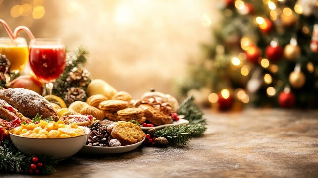 A beautifully arranged Christmas food menu featuring festive treats like pastries, bread, and fruit, with a blurred background of a decorated Christmas tree and warm lights. This image evokes feelings
