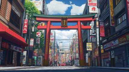 anime-style digital painting illustration of red Torii Gate in center of Tokyo city