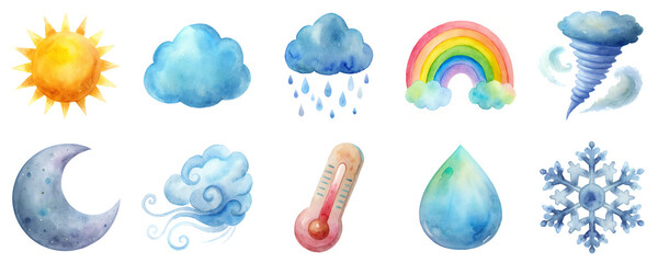 Weather icons including sun, clouds, rain, rainbow, tornado, moon, wind, water drop and snowflake in watercolor illustration set. Each element in soft pastel colors isolated on transparent background