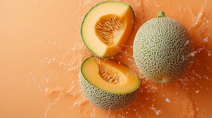 Refreshing Cantaloupes: Summery Water Sprays on Orange Background