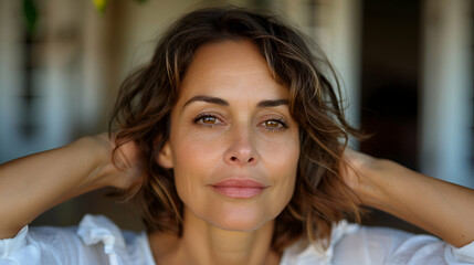 Fototapeta premium Portrait Adult Brown Hair Woman With Her Han