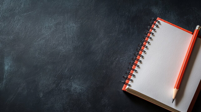 A blank notepad with a pencil resting on it against a dark background. The image offers copy space for text or graphics. This image represents new beginnings, fresh ideas, creativity, and goal setting