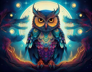Celestial Owls- illustration of owls against a backdrop of stars, moons, and galaxies, blending cosmic elements with the natural beauty of owls