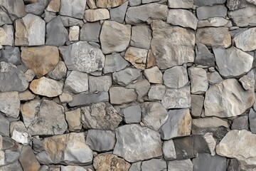 A textured wall made of various sizes and shapes of natural stones in shades of gray and beige, creating a rustic and sturdy appearance.