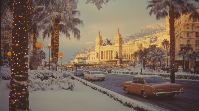 A picturesque winter afternoon in a snow-covered coastal city with vintage cars on a palm-lined street