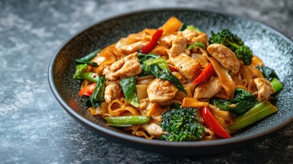 A delicious serving of Thai Pad See Ew, with stir-fried flat noodles, vegetables, and tender chicken, presented in a traditional Thai dish with a clean, modern background.
