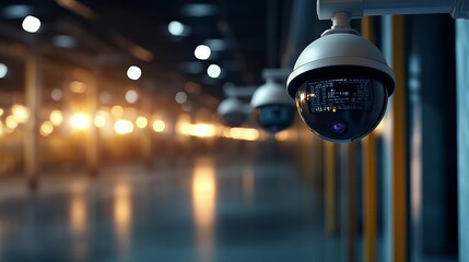 Nighttime warehouse scene with security cameras and digital monitors, modern safety measures