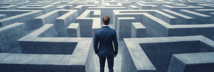 A businessman stands at the entrance of a complex maze, symbolizing the challenges and uncertainty faced in business, the need for problem-solving, and the importance of strategic planning for success