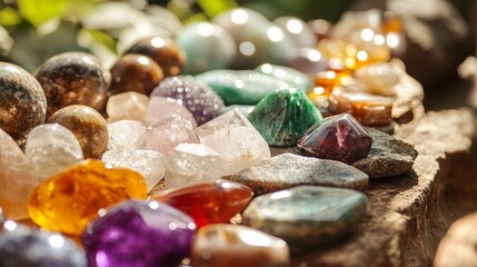 A captivating arrangement of assorted healing crystals and gemstones, showcasing their natural beauty and potential for energy work, meditation, and spiritual growth. The vibrant colors and unique tex