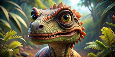 Obraz premium Curious Baby Dinosaur in Jungle, Digital 3D Illustration, Realistic Rendering, Jungle, Baby Dinosaur, Dinosaur