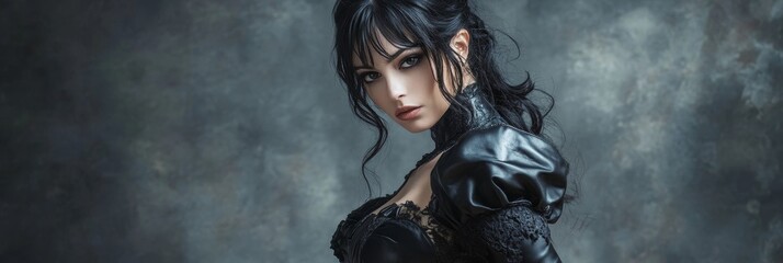 Obraz premium A captivating portrait of a woman in a black leather fantasy costume, exuding an air of mystery and allure. Her dark hair frames her striking features, and her piercing gaze draws the viewer in. The c