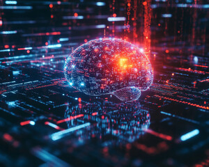 Fototapeta premium A digital brain floats in sea of vibrant data, illuminated by glowing lights and intricate patterns, symbolizing advanced technology and artificial intelligence