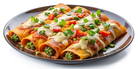 Delicious Enchiladas with Cheese and Salsa on a Brown Plate, Mexican Food, Enchilada, Dinner ,food ,mexican ,dinner